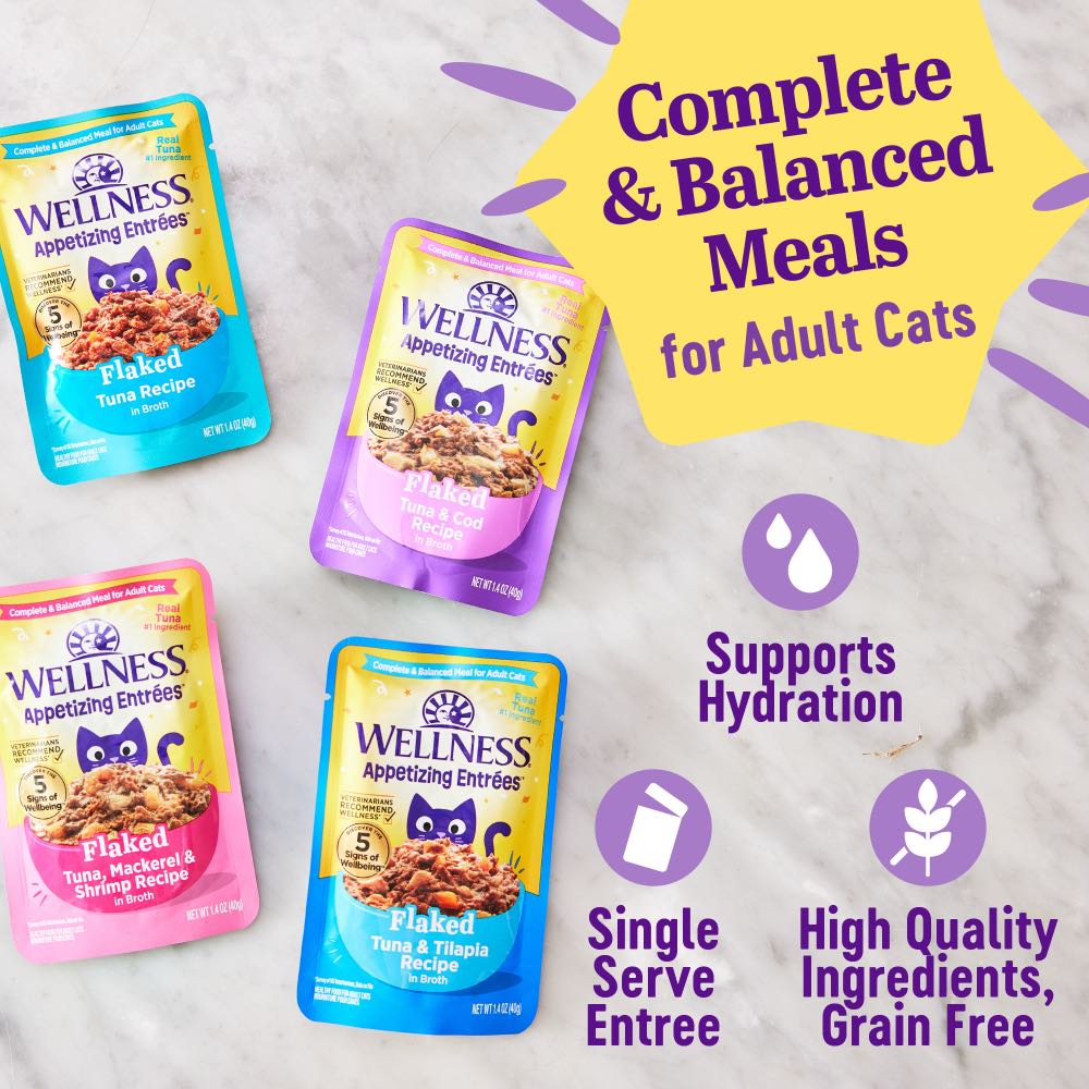 $1 OFF: Wellness Appetizing Entrees Flaked Tuna & Cod Adult Pouch Cat Food 1.4oz