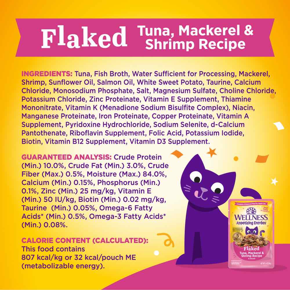 "$1 OFF: Wellness Appetizing Entrees Flaked Tuna, Mackerel & Shrimp Adult Pouch Cat Food 1.4oz"