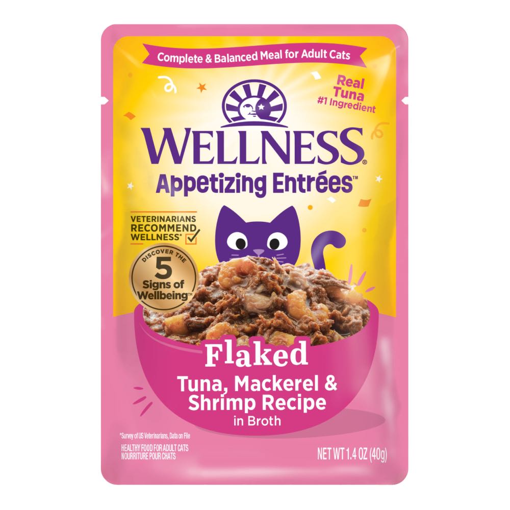 "$1 OFF: Wellness Appetizing Entrees Flaked Tuna, Mackerel & Shrimp Adult Pouch Cat Food 1.4oz"