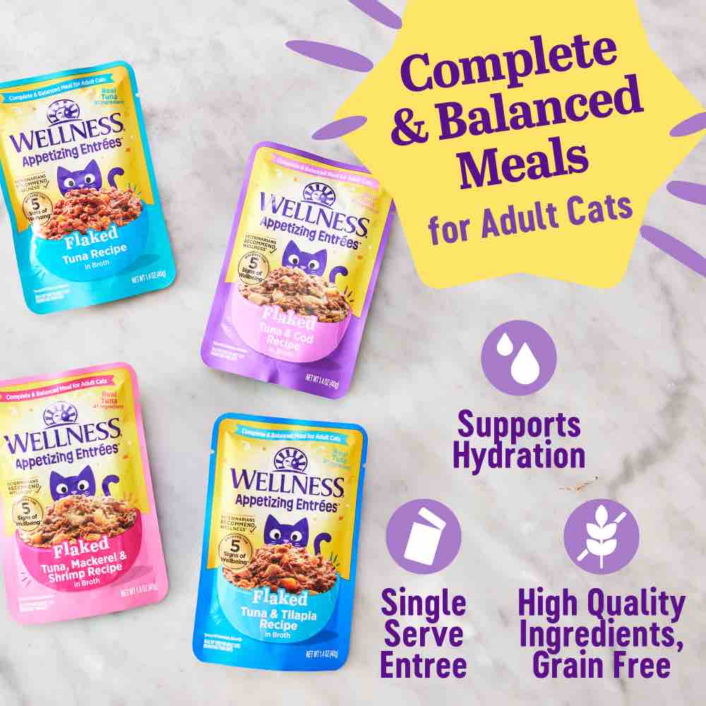 $1 OFF: Wellness Appetizing Entrees Flaked Tuna Adult Pouch Cat Food 1.4oz